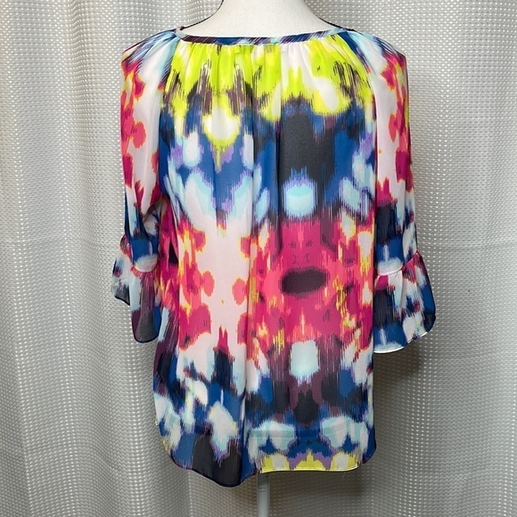 Milly for Design Nation Peasant Top Tie Dye Sheer Tassel Tie Ruffle Sleeves XS - Picture 7 of 11
